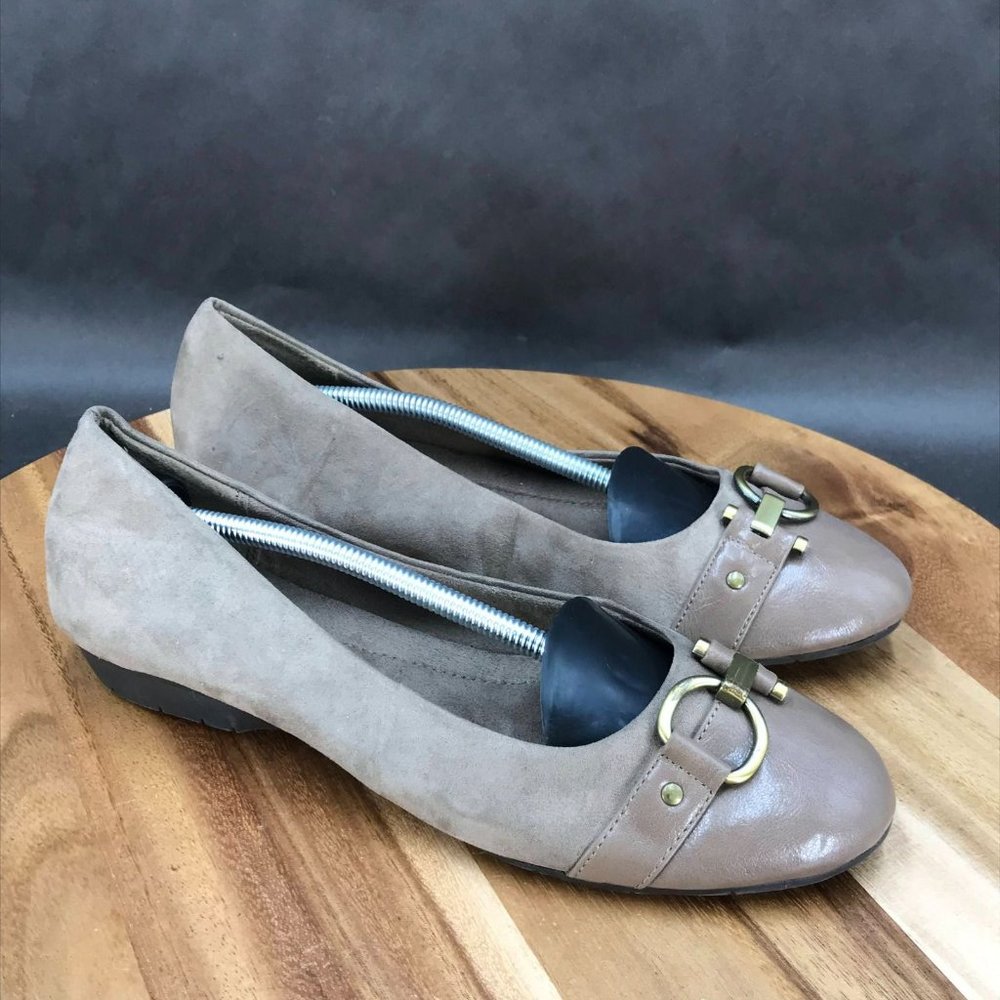 A2 Aerosoles Taupe Women's Slip-On Ballet Flats with Gold Buckle